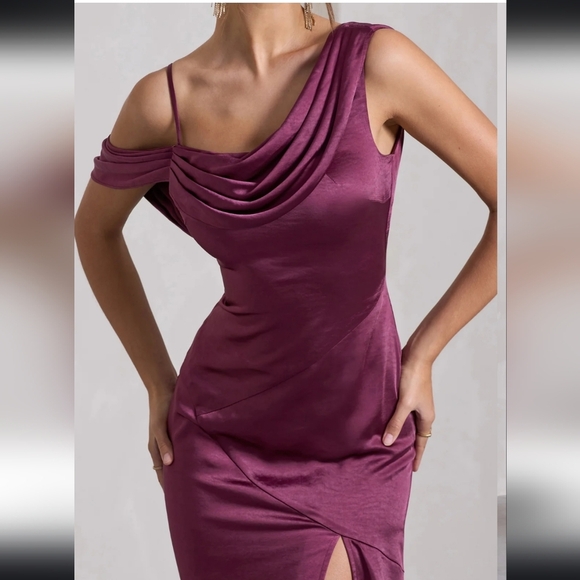 NWT CLUB L LONDON JAYNE PLUM SATIN ASYMMETRIC DRAPED SPLIT MAXI DRESS UK 12 - Picture 3 of 9